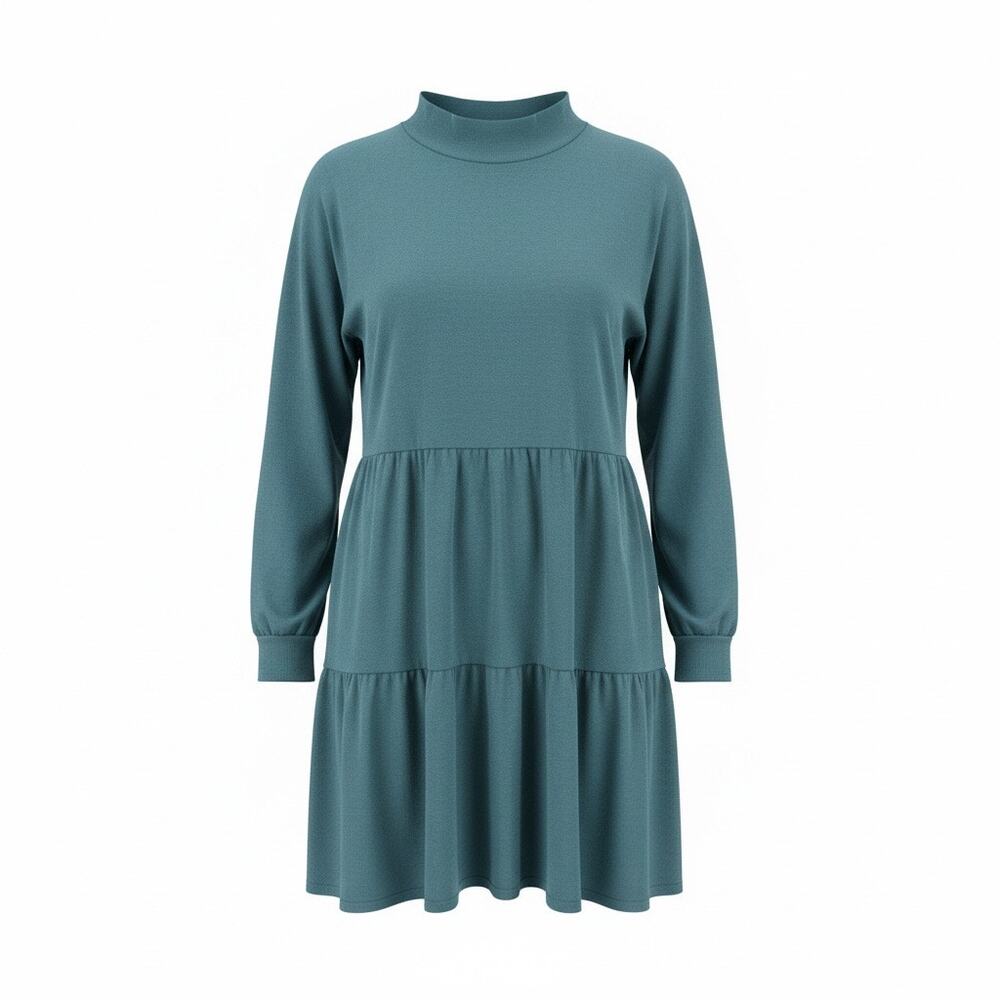 Women’s Teal Mock Neck Long Sleeve Tunic Top Size Large Ruffle Hem